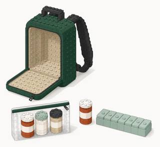 An open green backpack with a clear zip pouch holding three plain pill bottles in front, plus a single terracotta pill bottle and a sage seven-day pill organiser.