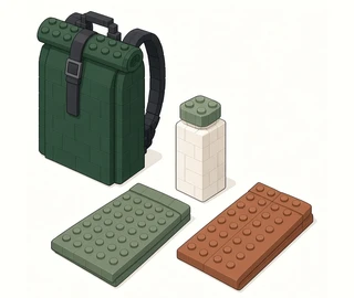 A green roll-top backpack and a plain water bottle, with a folded sage layer and a pair of folded terracotta trousers in front.