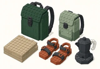 A tall green backpack next to a small sage daypack, with folded tan trousers, a pair of strapped sandals and a small stovetop espresso pot in front.