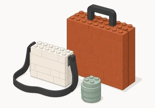 A terracotta carry-on suitcase beside a small off-white shoulder bag with a dark strap and a short stack of round sage discs.