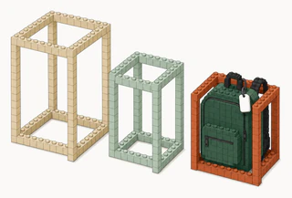 Three open cages step down in size from a tall oat-tan one to a sage one to a snug terracotta one holding a backpack with a blank luggage tag on its handle.