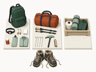 Trek gear in three groups with hiking boots in front: a backpack with a headlamp, batteries, power bank and pills; a duffel with trekking poles, tent stakes and a sheathed ice axe; and a crate holding a gas canister, sleeping bag and down jacket.