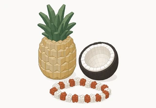 A pineapple with a green leafy crown beside a halved coconut and a terracotta and white flower lei laid in a loop.