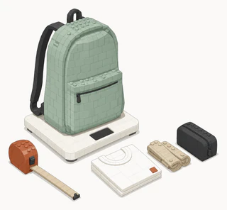 An everyday backpack on a bathroom scale beside a tape measure, with a folded T-shirt that still has a small coloured tape tag on it.