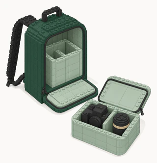 An open green backpack with a padded insert inside, beside an open sage padded cube holding a black camera body and a black lens in separate slots.