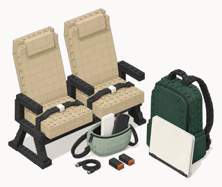 An open sling bag at the foot of two airplane seats with a power bank and phone inside, a coiled cable and two tape-capped camera batteries in front, and a laptop propped against a backpack.